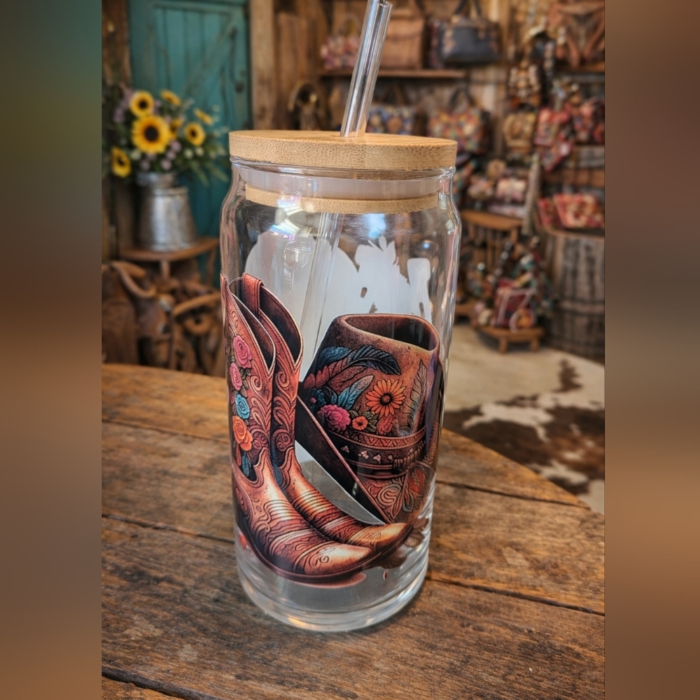 🤠 Western Cowgirl Boots 20oz Glass Can Tumbler | Bamboo Lid + Straw